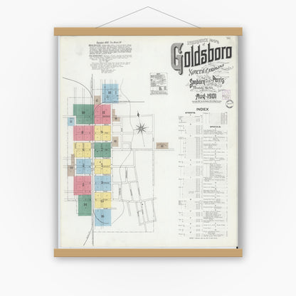 Old map wall art mockup — magnetic wood frame on white wall — Sanborn Fire Insurance Map from Goldsboro, Wayne County, North Carolina (1901) - Complete Map Set