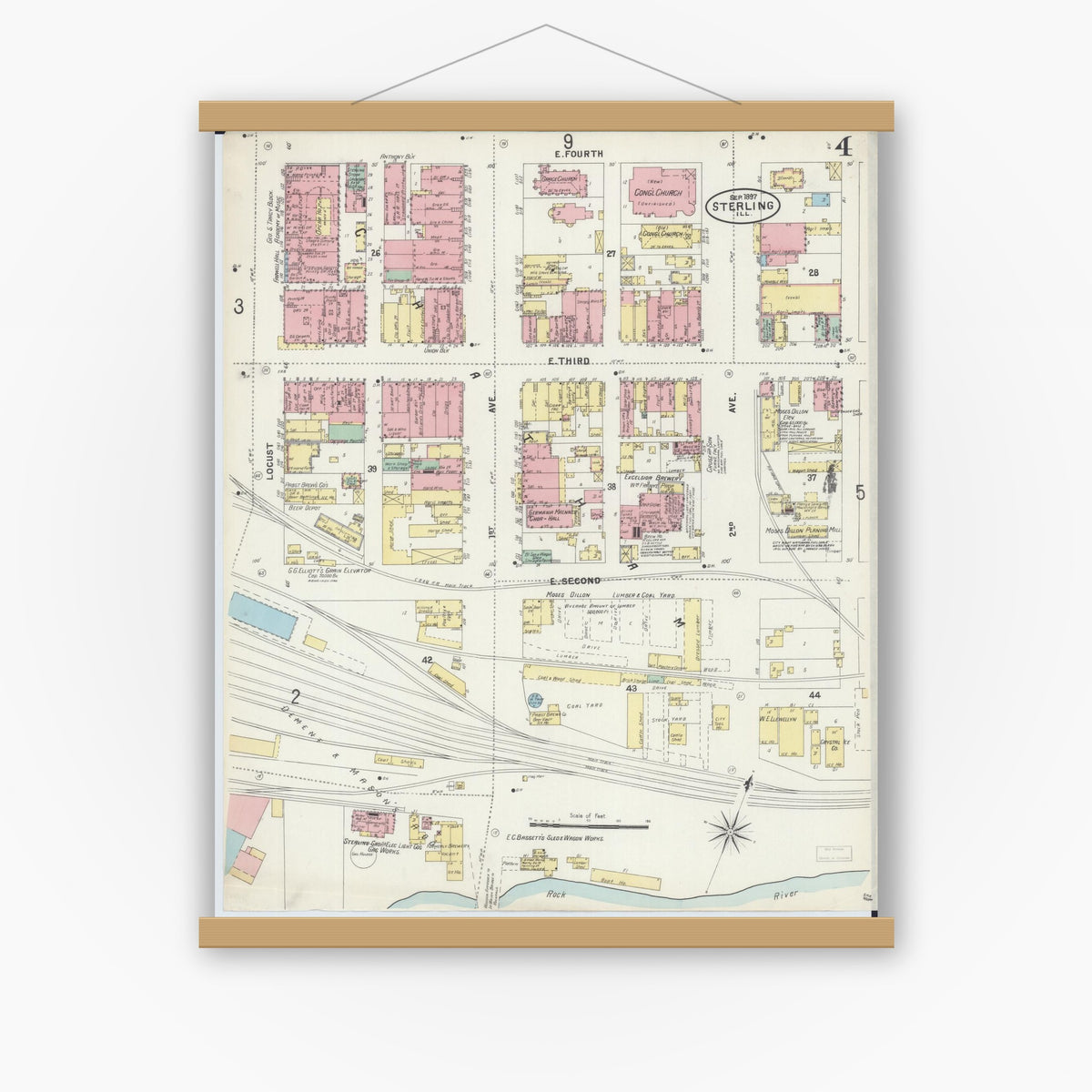 Old map wall art mockup — magnetic wood frame on white wall — Sanborn Fire Insurance Map from Sterling, Whiteside County, Illinois (1897), Sheet #0004