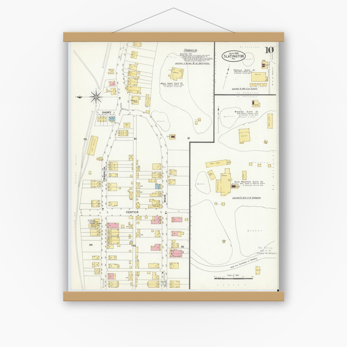 Old map wall art mockup — magnetic wood frame on white wall — Sanborn Fire Insurance Map from Slatington, Lehigh County, Pennsylvania (1908), Sheet #0010