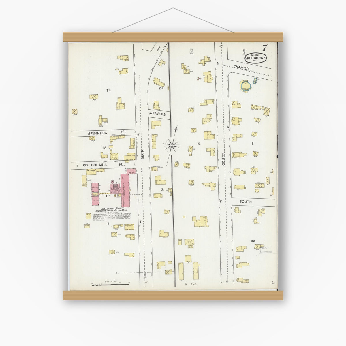 Old map wall art mockup — magnetic wood frame on white wall — Sanborn Fire Insurance Map from Sherburne, Chenango County, New York (1892), Sheet #0007