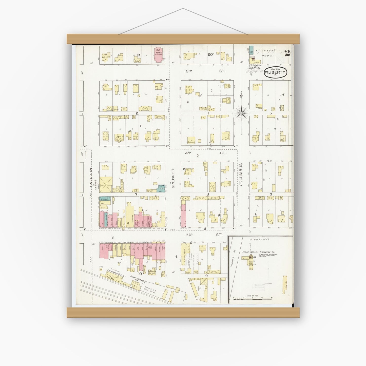 Old map wall art mockup — magnetic wood frame on white wall — Sanborn Fire Insurance Map from West Liberty, Muscatine County, Iowa (1893), Sheet #0002