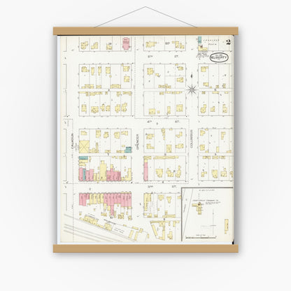 Old map wall art mockup — magnetic wood frame on white wall — Sanborn Fire Insurance Map from West Liberty, Muscatine County, Iowa (1893), Sheet #0002