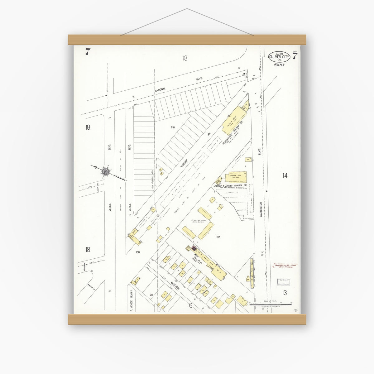Old map wall art mockup — magnetic wood frame on white wall — Sanborn Fire Insurance Map from Culver City, Los Angeles County, California (1924), Sheet #0007