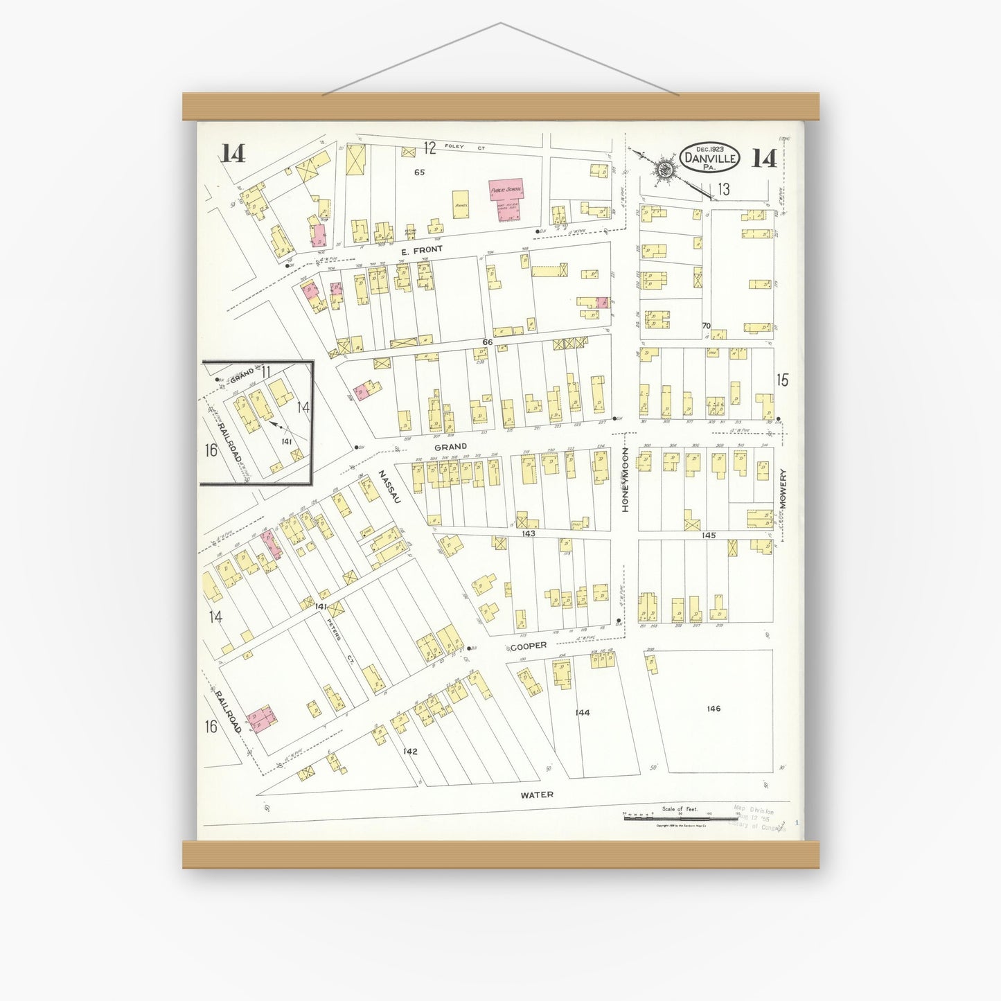 Old map wall art mockup — magnetic wood frame on white wall — Sanborn Fire Insurance Map from Danville, Montour County, Pennsylvania (1923), Sheet #0014