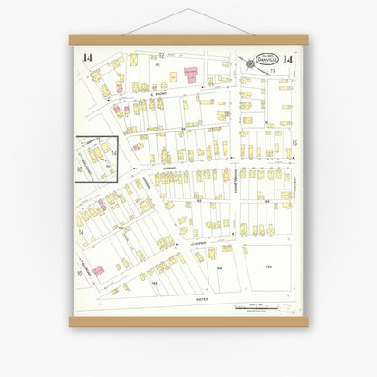 Old map wall art mockup — magnetic wood frame on white wall — Sanborn Fire Insurance Map from Danville, Montour County, Pennsylvania (1923), Sheet #0014