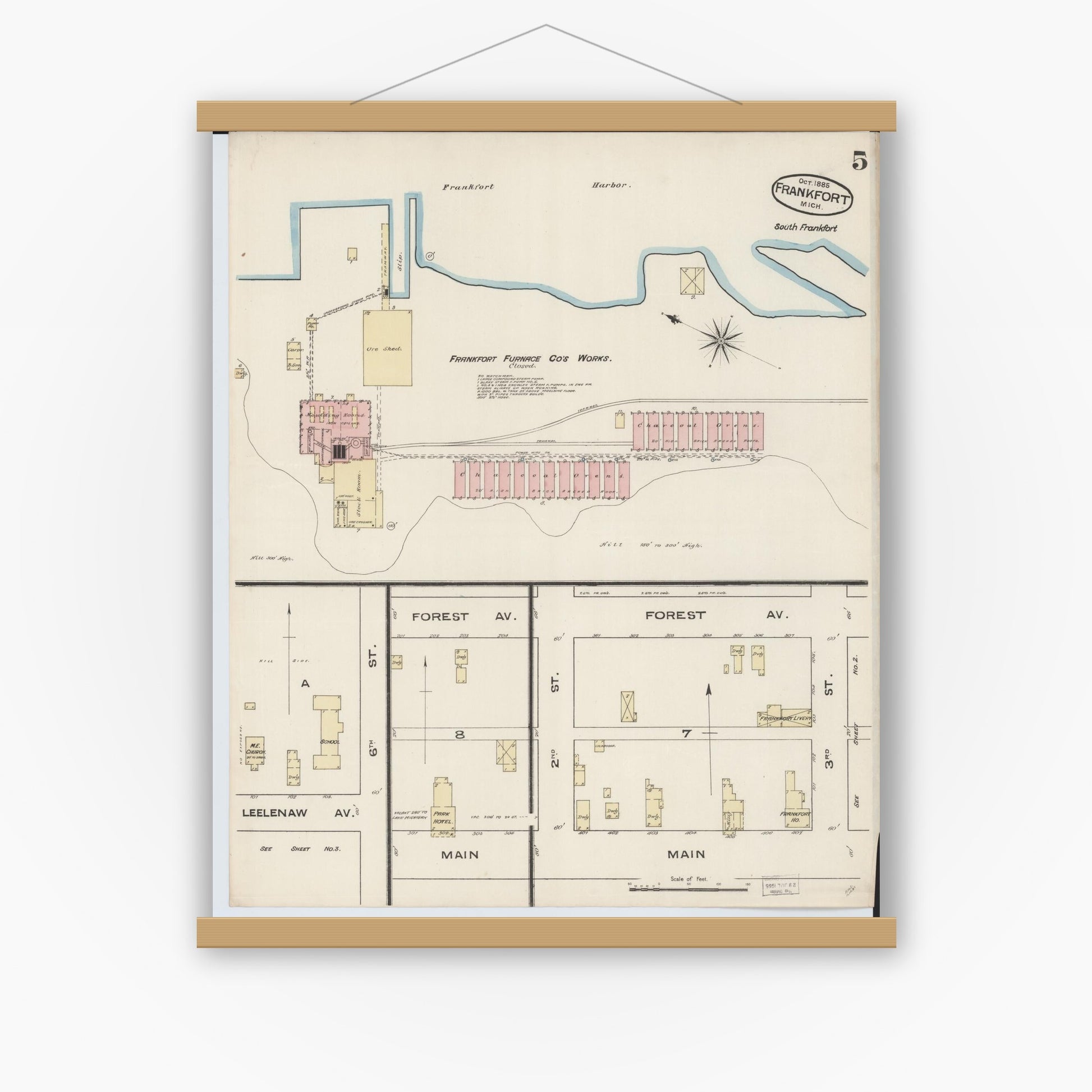 Old map wall art mockup — magnetic wood frame on white wall — Sanborn Fire Insurance Map from Frankfort, Benzie County, Michigan (1885), Sheet #0005