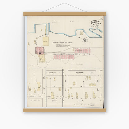 Old map wall art mockup — magnetic wood frame on white wall — Sanborn Fire Insurance Map from Frankfort, Benzie County, Michigan (1885), Sheet #0005