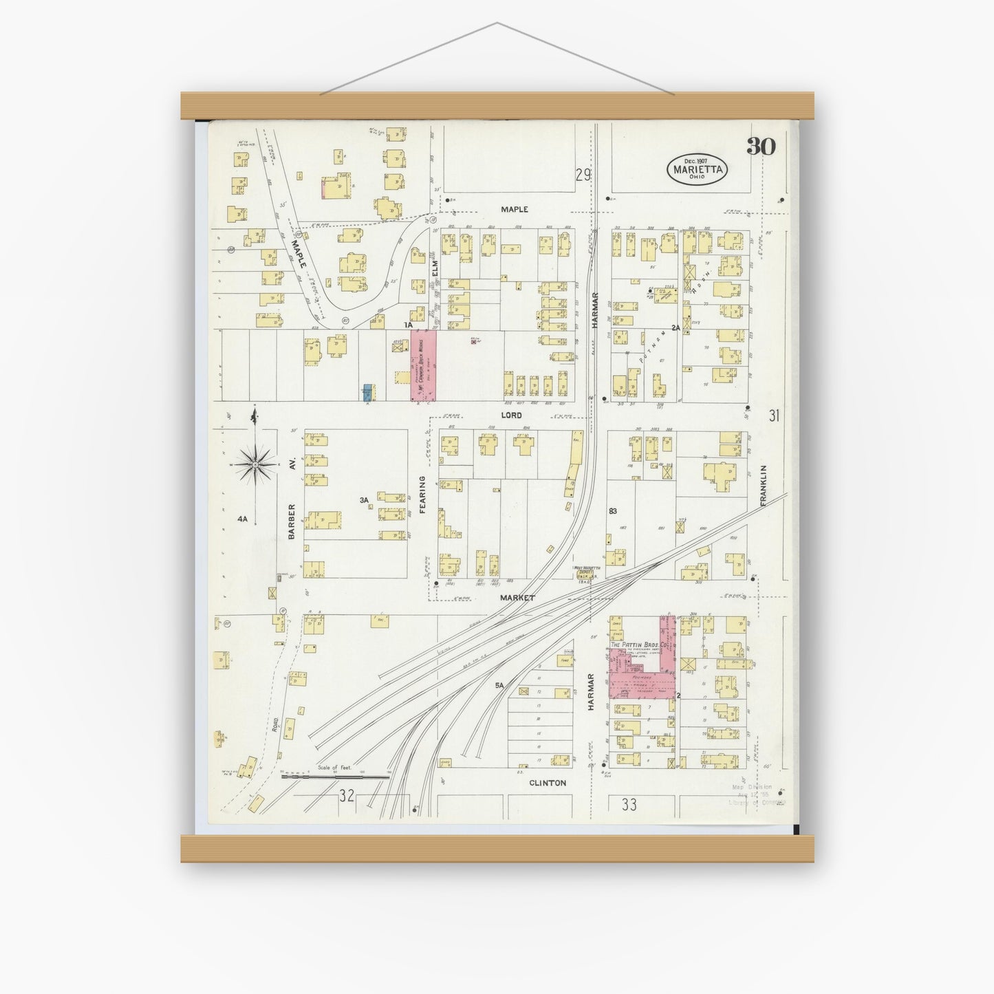 Old map wall art mockup — magnetic wood frame on white wall — Sanborn Fire Insurance Map from Marietta, Washington County, Ohio (1907), Sheet #0030