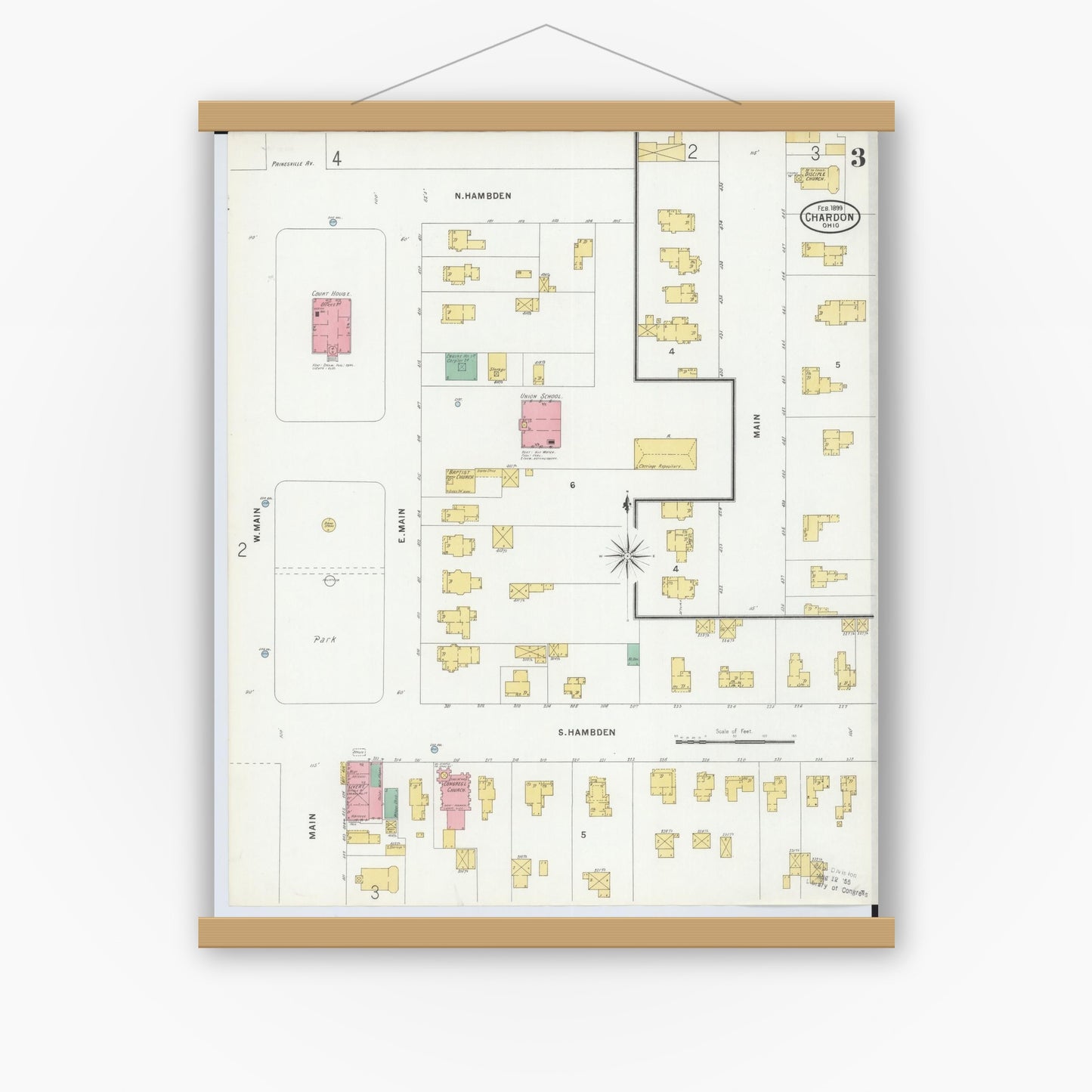 Old map wall art mockup — magnetic wood frame on white wall — Sanborn Fire Insurance Map from Chardon, Geauga County, Ohio (1899), Sheet #0003