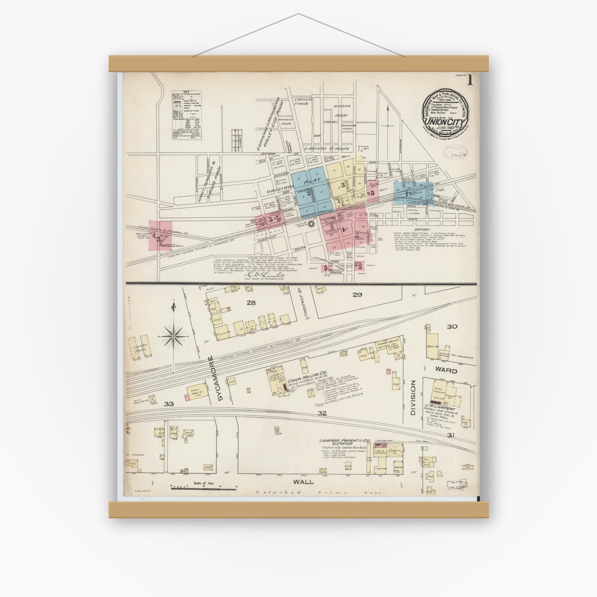 Old map wall art mockup — magnetic wood frame on white wall — Sanborn Fire Insurance Map from Union City, Randolph County, Indiana (1885) - Complete Map Set