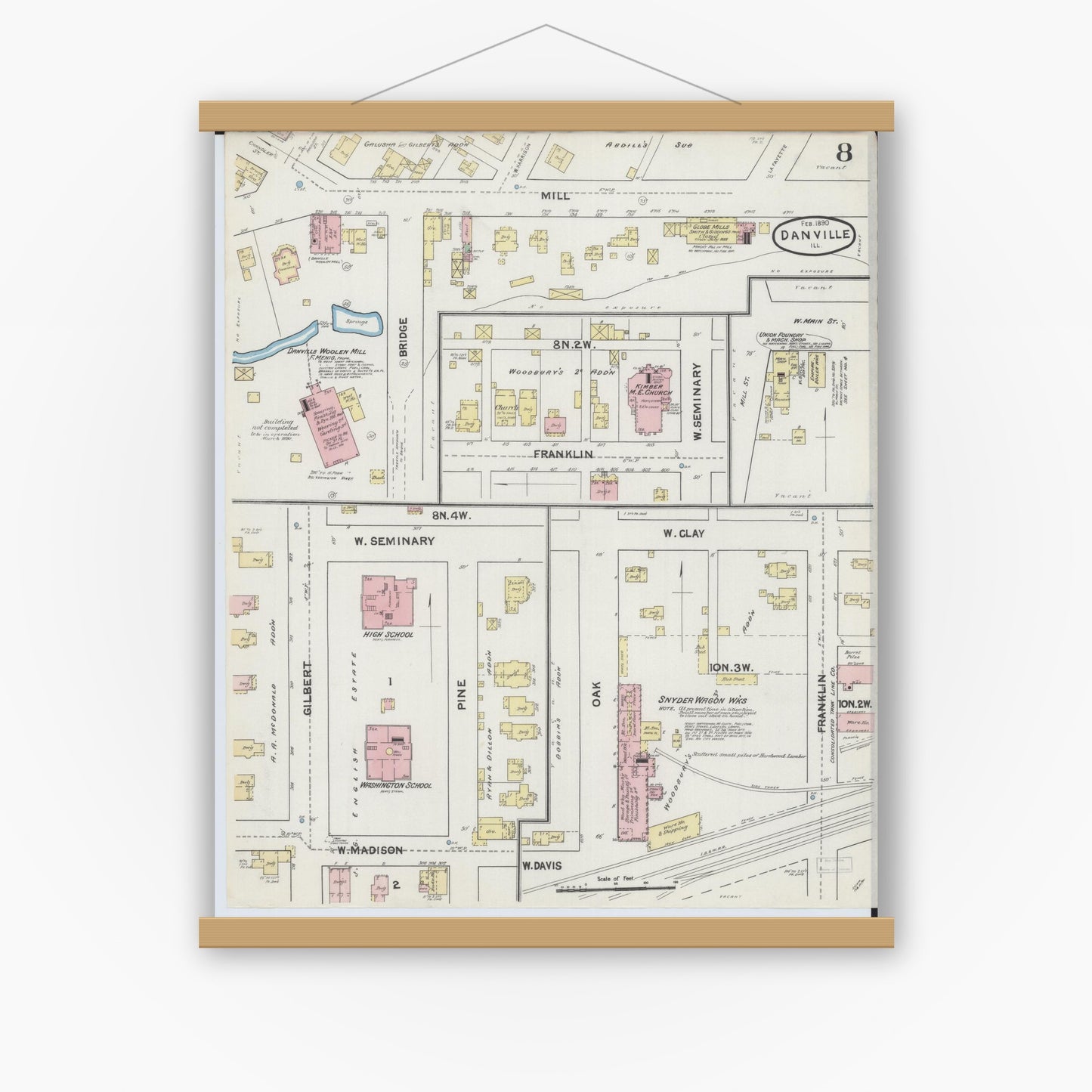 Old map wall art mockup — magnetic wood frame on white wall — Sanborn Fire Insurance Map from Danville, Vermilion County, Illinois (1890), Sheet #0008
