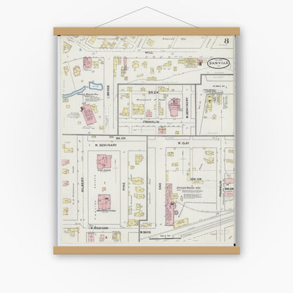 Old map wall art mockup — magnetic wood frame on white wall — Sanborn Fire Insurance Map from Danville, Vermilion County, Illinois (1890), Sheet #0008