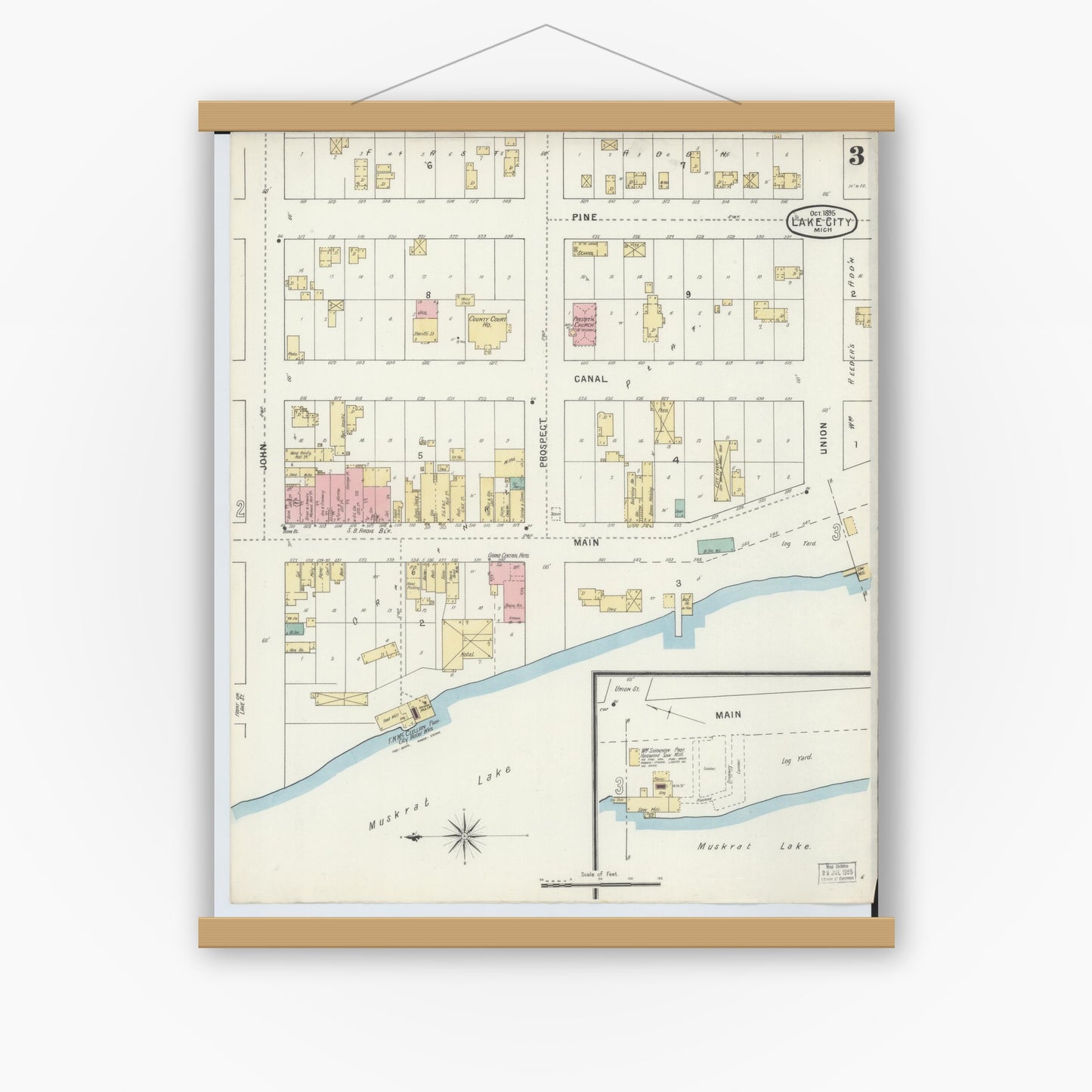 Old map wall art mockup — magnetic wood frame on white wall — Sanborn Fire Insurance Map from Lake City, Missaukee County, Michigan (1895), Sheet #0003
