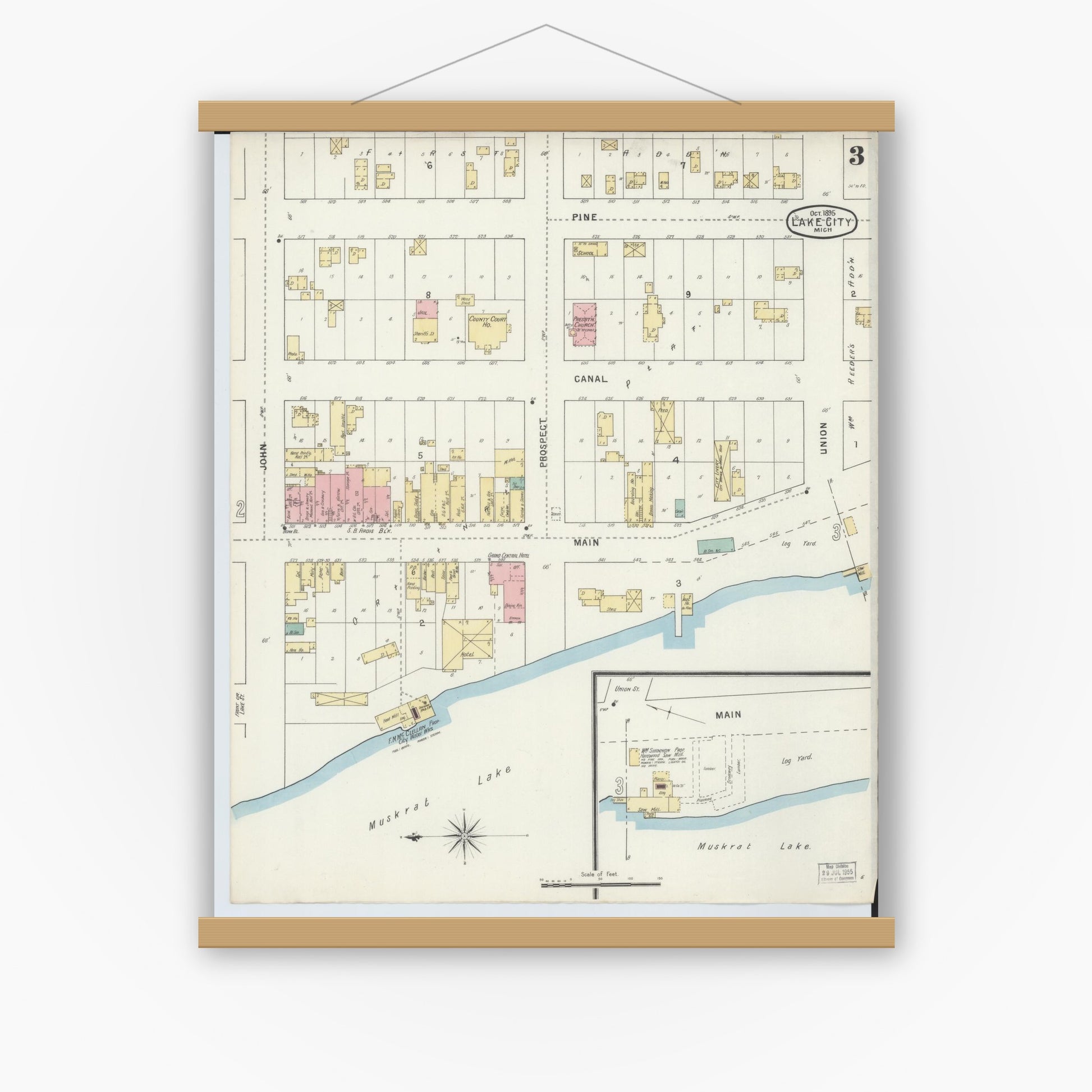 Old map wall art mockup — magnetic wood frame on white wall — Sanborn Fire Insurance Map from Lake City, Missaukee County, Michigan (1895), Sheet #0003