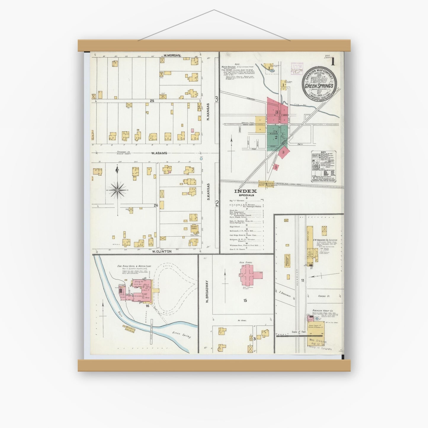 Old map wall art mockup — magnetic wood frame on white wall — Sanborn Fire Insurance Map from Green Springs, Sandusky And Seneca Counties, Ohio (1906) - Complete Map Set