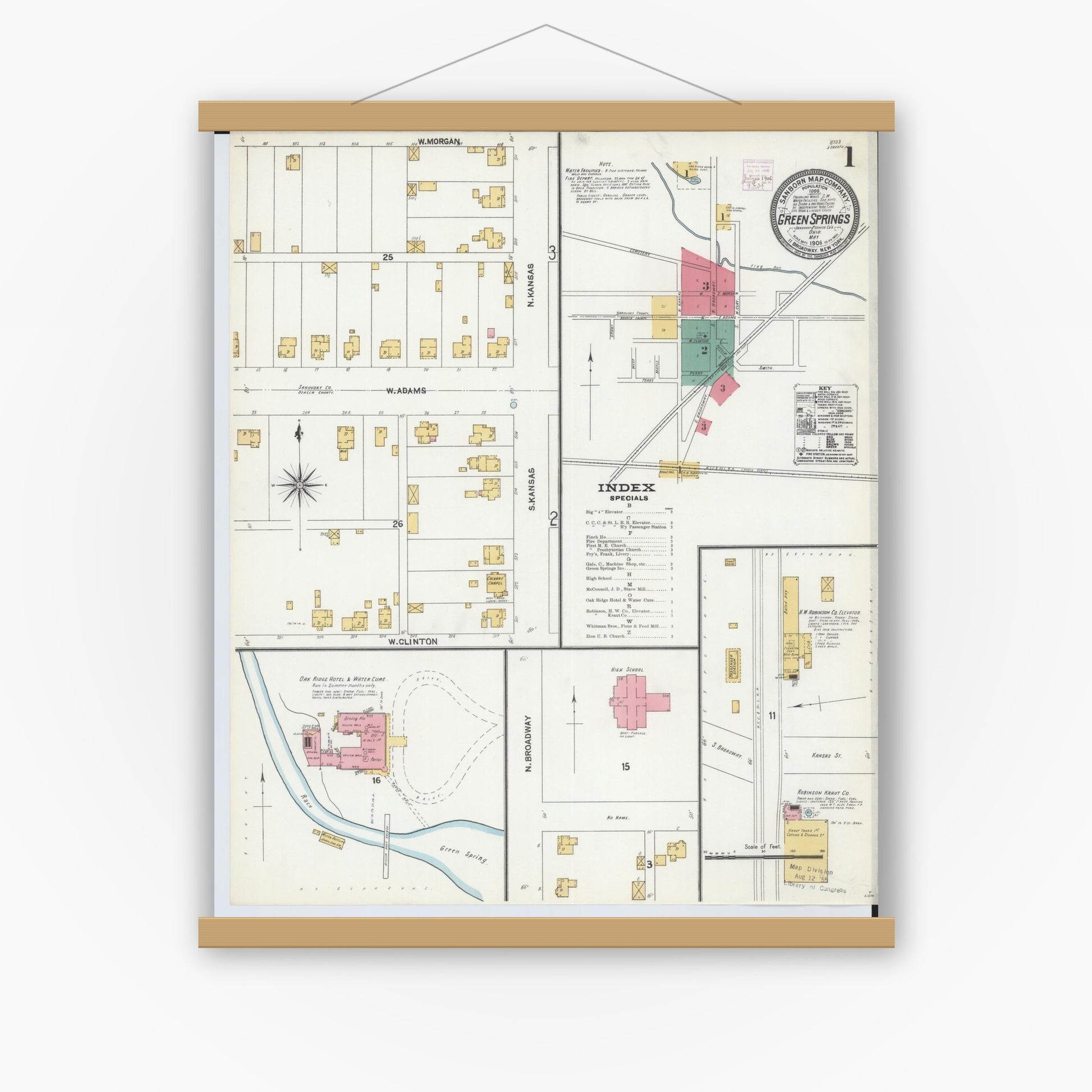 Old map wall art mockup — magnetic wood frame on white wall — Sanborn Fire Insurance Map from Green Springs, Sandusky And Seneca Counties, Ohio (1906) - Complete Map Set