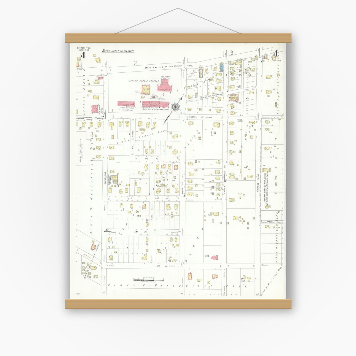 Old map wall art mockup — magnetic wood frame on white wall — Sanborn Fire Insurance Map from Dayton, Liberty County, Texas (1943), Sheet #0004