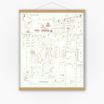 Old map wall art mockup — magnetic wood frame on white wall — Sanborn Fire Insurance Map from Dayton, Liberty County, Texas (1943), Sheet #0004