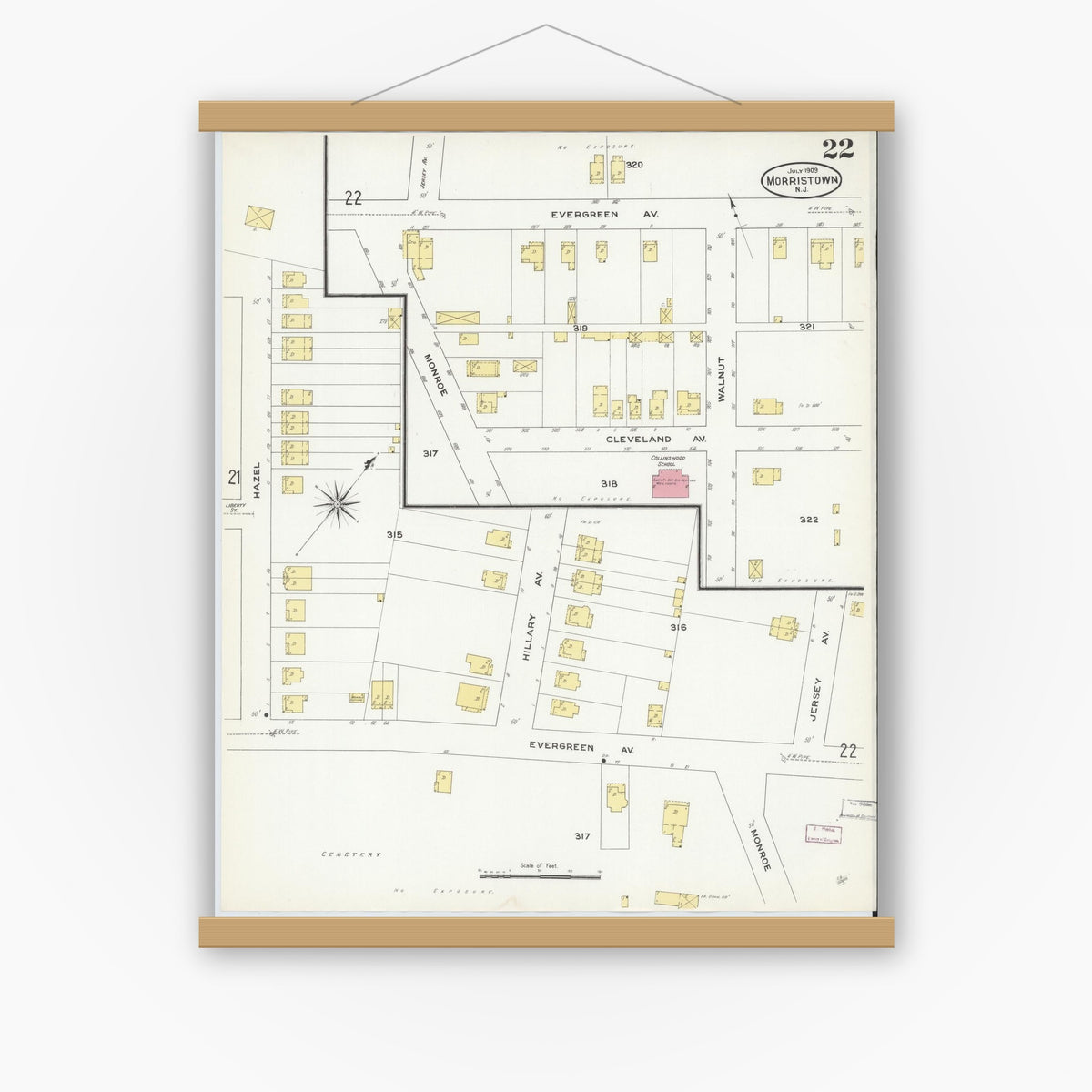 Old map wall art mockup — magnetic wood frame on white wall — Sanborn Fire Insurance Map from Morristown, Morris County, New Jersey (1909), Sheet #0022