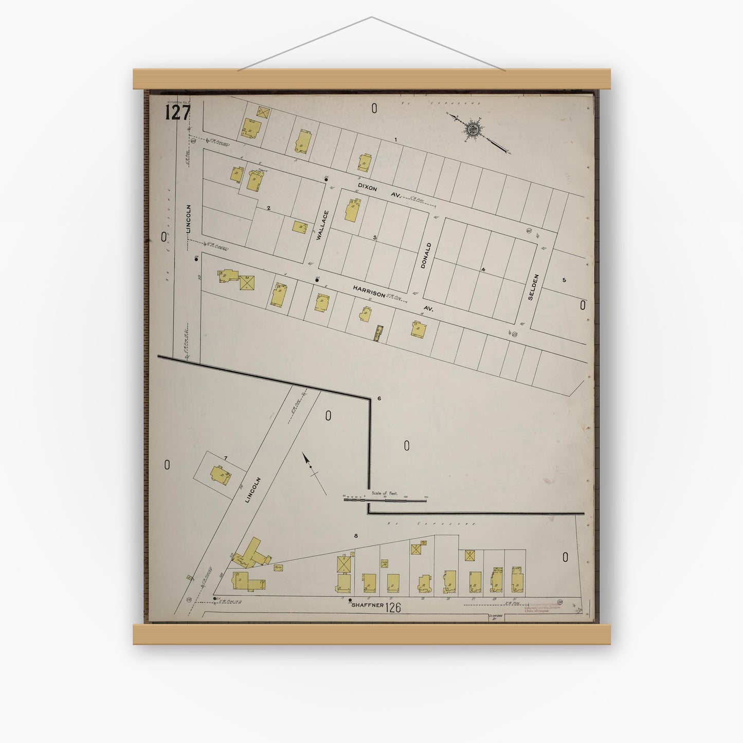 Old map wall art mockup — magnetic wood frame on white wall — Sanborn Fire Insurance Map from Worcester, Worcester County, Massachusetts (1910), Sheet #0127