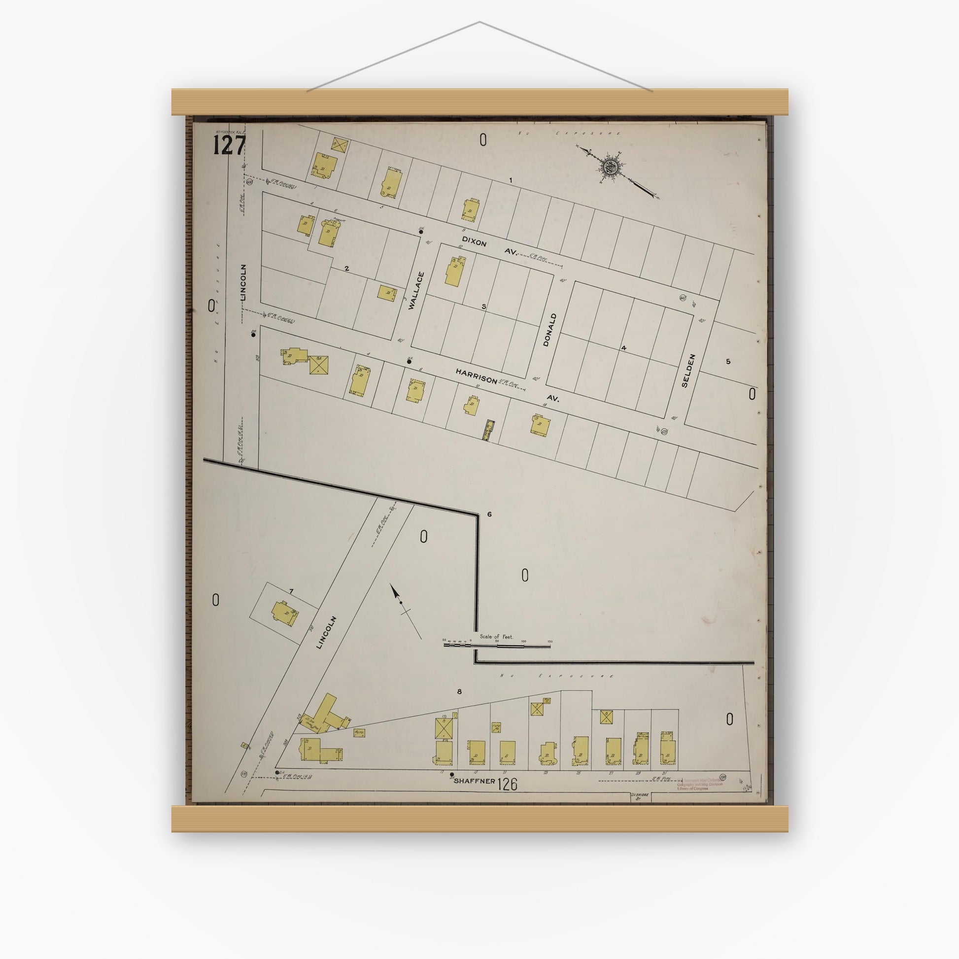 Old map wall art mockup — magnetic wood frame on white wall — Sanborn Fire Insurance Map from Worcester, Worcester County, Massachusetts (1910), Sheet #0127