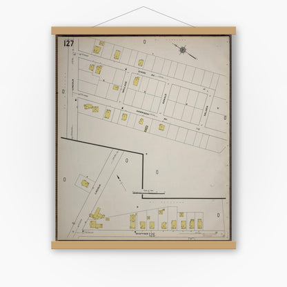 Old map wall art mockup — magnetic wood frame on white wall — Sanborn Fire Insurance Map from Worcester, Worcester County, Massachusetts (1910), Sheet #0127