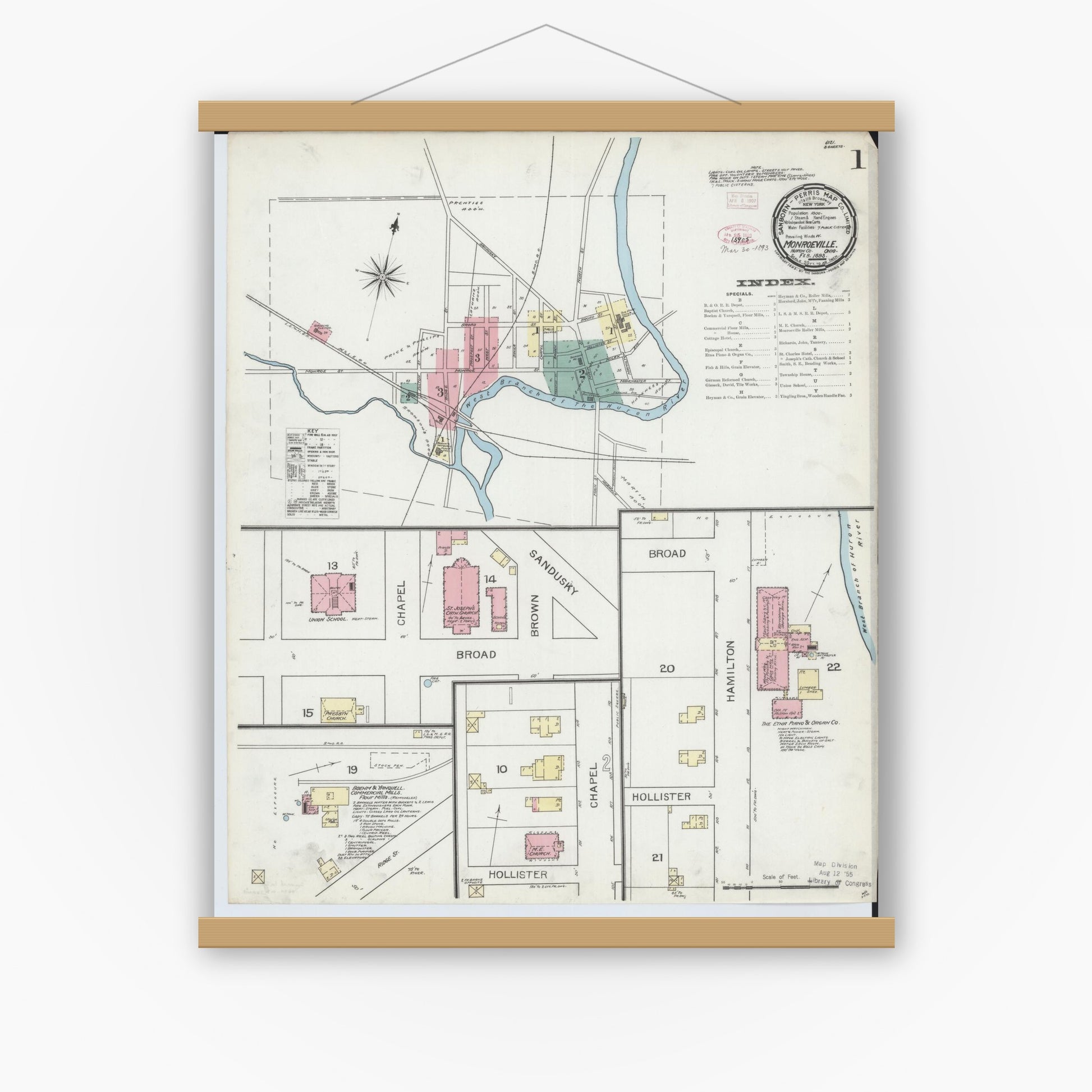 Old map wall art mockup — magnetic wood frame on white wall — Sanborn Fire Insurance Map from Monroeville, Huron County, Ohio (1893) - Complete Map Set
