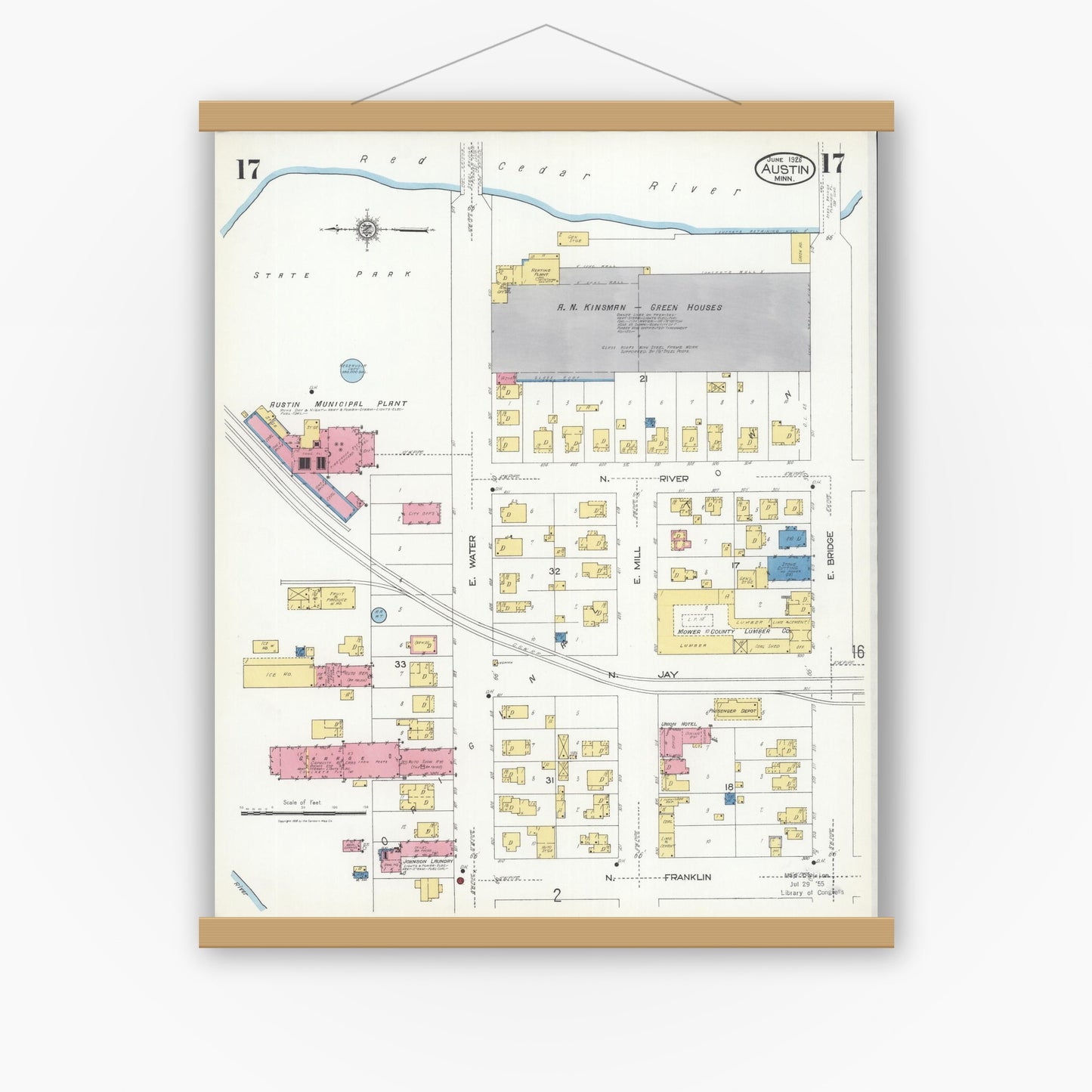 Old map wall art mockup — magnetic wood frame on white wall — Sanborn Fire Insurance Map from Austin, Mower County, Minnesota (1926), Sheet #0017