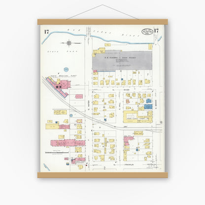 Old map wall art mockup — magnetic wood frame on white wall — Sanborn Fire Insurance Map from Austin, Mower County, Minnesota (1926), Sheet #0017
