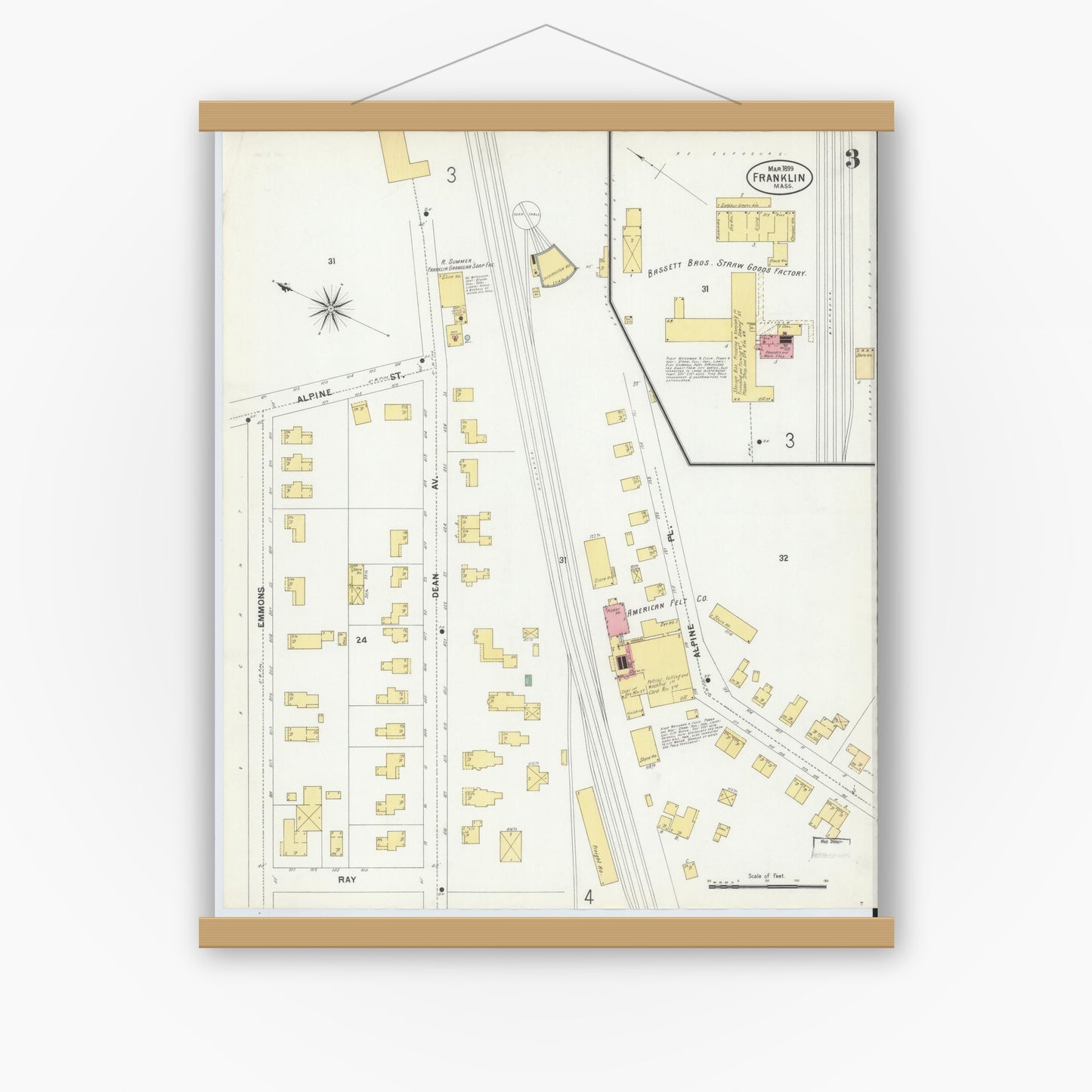 Old map wall art mockup — magnetic wood frame on white wall — Sanborn Fire Insurance Map from Franklin, Norfolk County, Massachusetts (1899), Sheet #0003