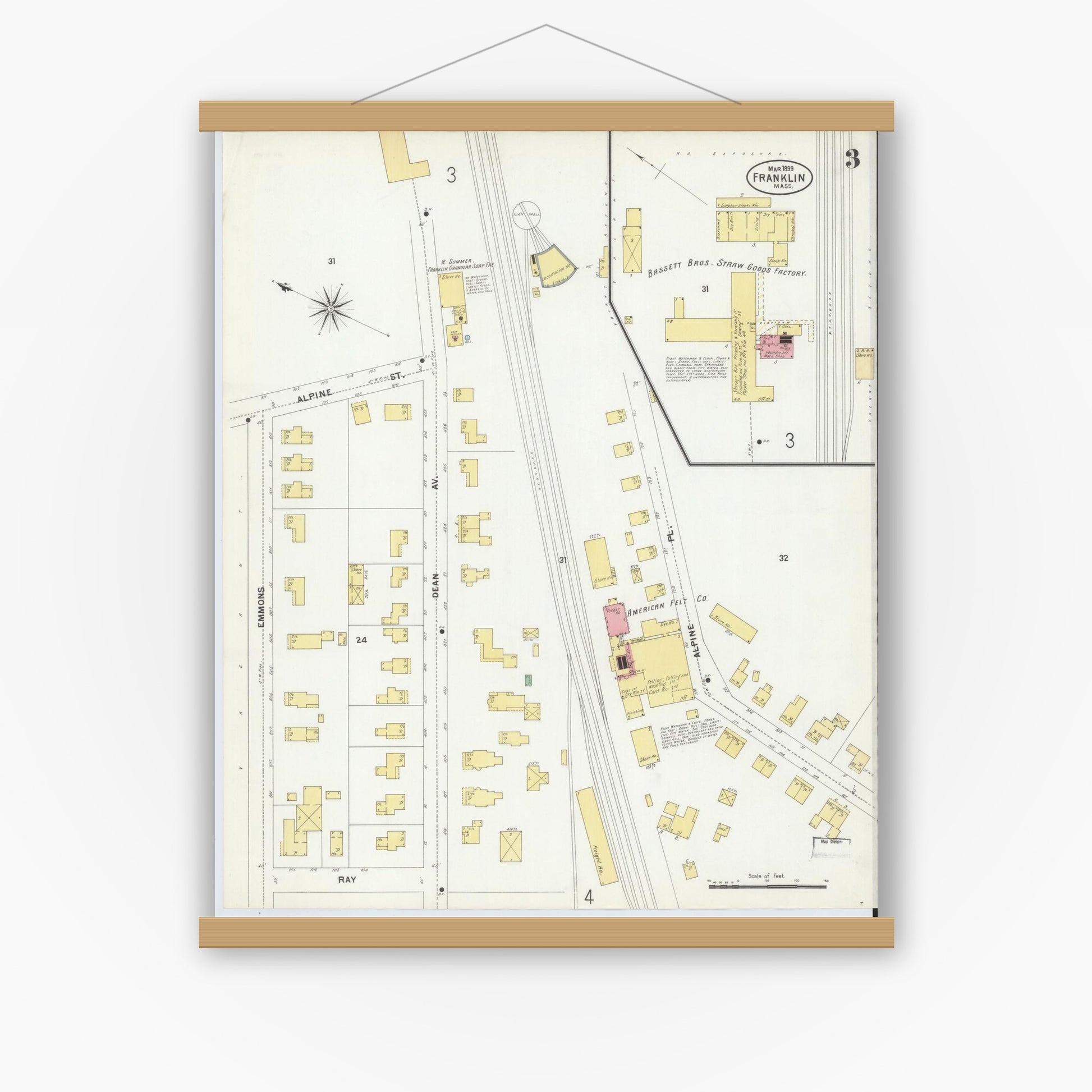 Old map wall art mockup — magnetic wood frame on white wall — Sanborn Fire Insurance Map from Franklin, Norfolk County, Massachusetts (1899), Sheet #0003