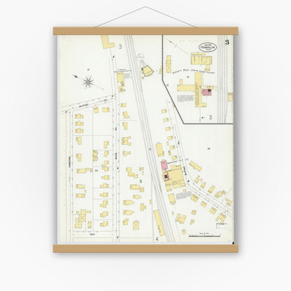 Old map wall art mockup — magnetic wood frame on white wall — Sanborn Fire Insurance Map from Franklin, Norfolk County, Massachusetts (1899), Sheet #0003