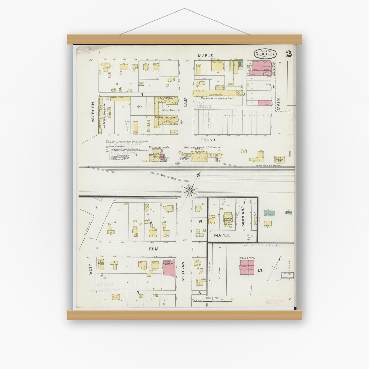 Old map wall art mockup — magnetic wood frame on white wall — Sanborn Fire Insurance Map from Slater, Saline County, Missouri (1894), Sheet #0002