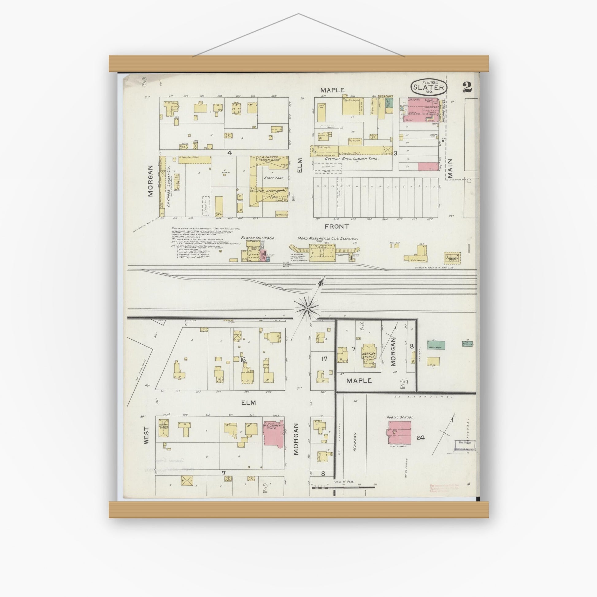 Old map wall art mockup — magnetic wood frame on white wall — Sanborn Fire Insurance Map from Slater, Saline County, Missouri (1894), Sheet #0002