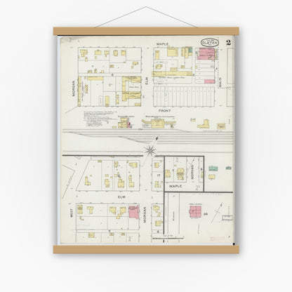 Old map wall art mockup — magnetic wood frame on white wall — Sanborn Fire Insurance Map from Slater, Saline County, Missouri (1894), Sheet #0002