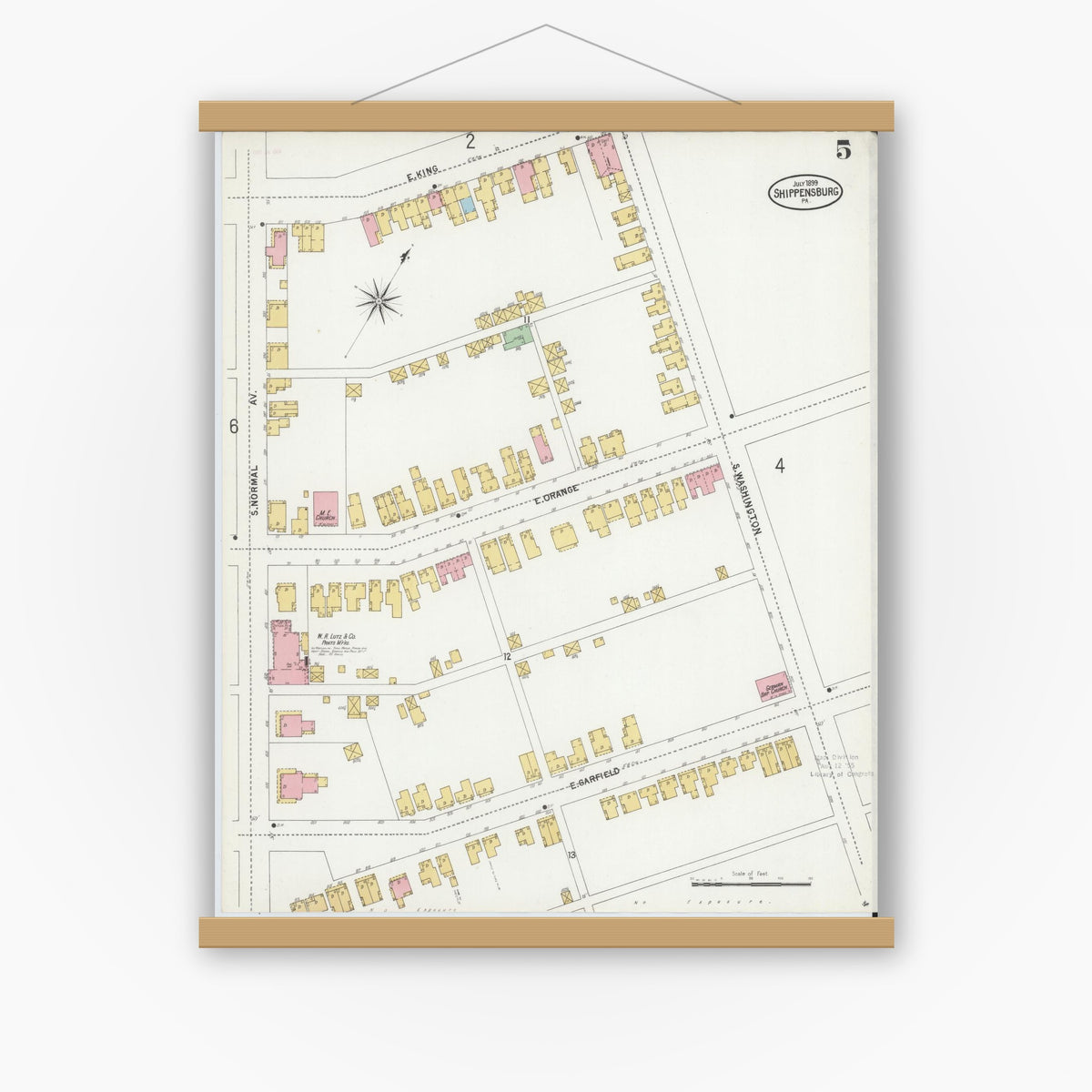 Old map wall art mockup — magnetic wood frame on white wall — Sanborn Fire Insurance Map from Shippensburg, Cumberland And Franklin Counties, Pennsylvania (1899), Sheet #0005
