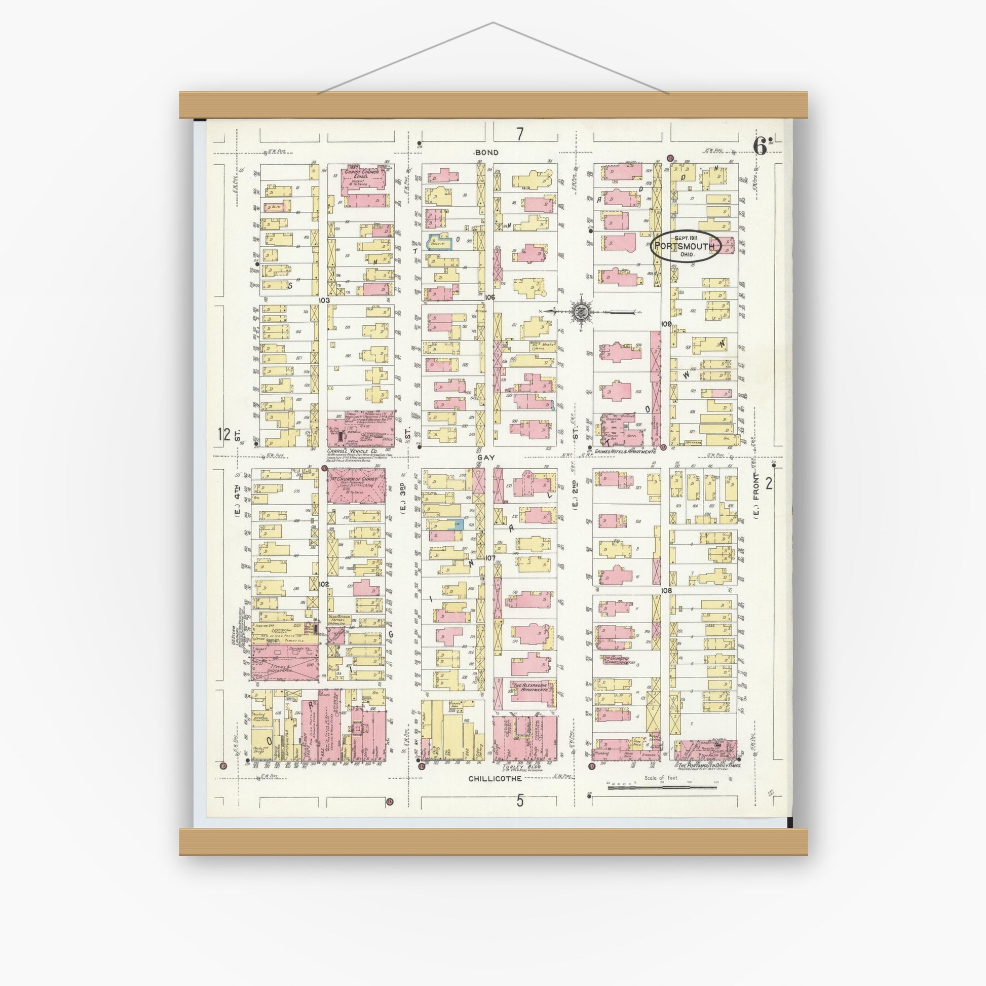 Old map wall art mockup — magnetic wood frame on white wall — Sanborn Fire Insurance Map from Portsmouth, Scioto County, Ohio (1911), Sheet #0006