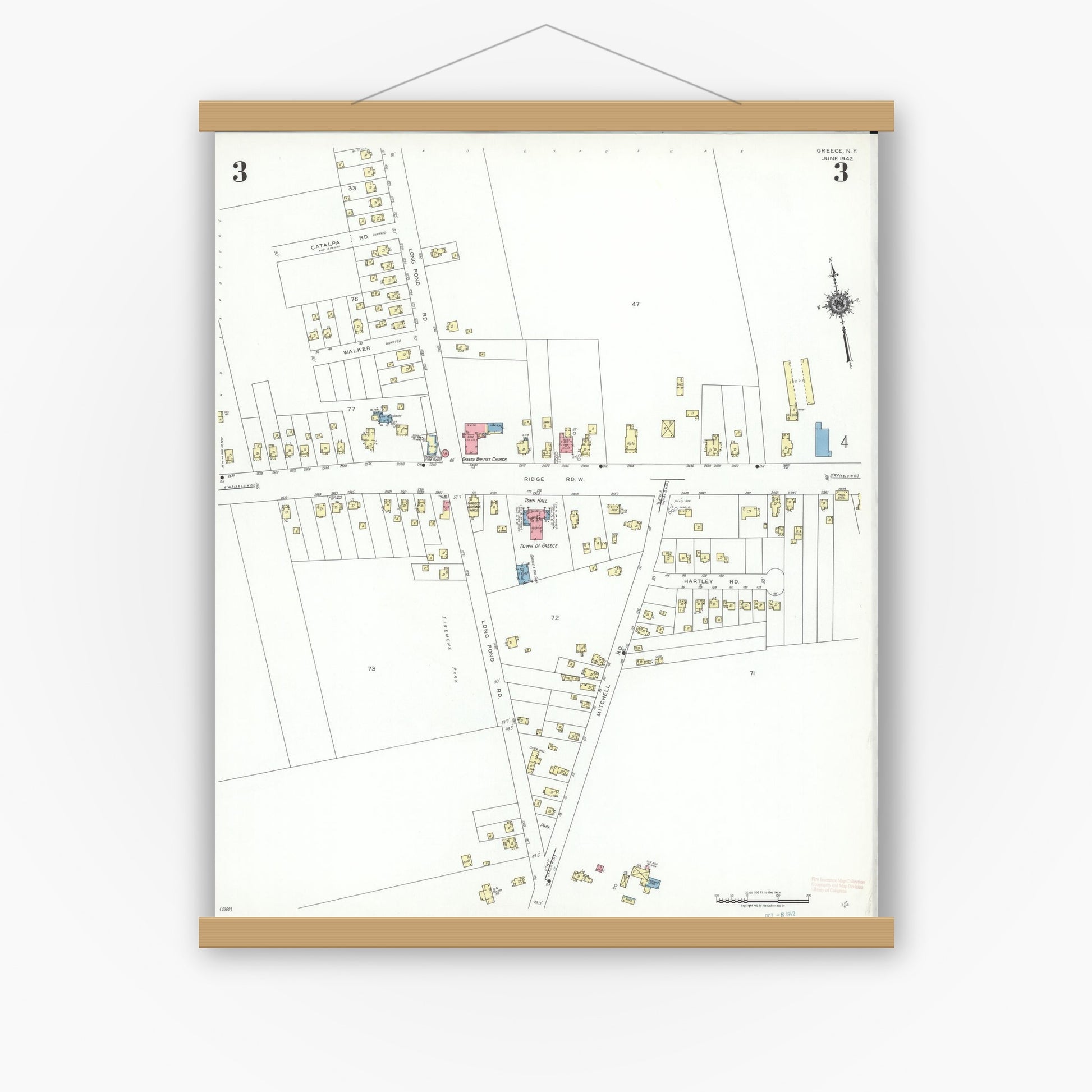 Old map wall art mockup — magnetic wood frame on white wall — Sanborn Fire Insurance Map from Greece, Monroe County, New York (1942), Sheet #0003