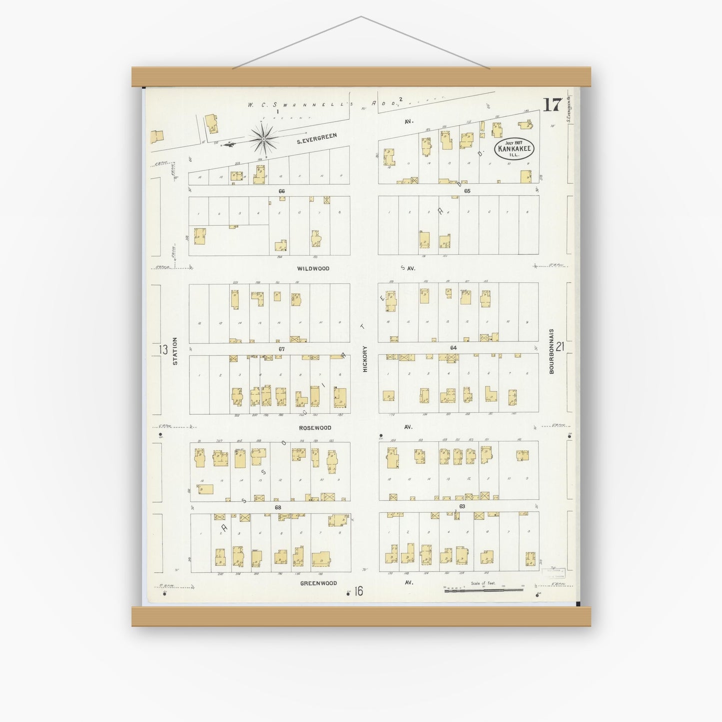 Old map wall art mockup — magnetic wood frame on white wall — Sanborn Fire Insurance Map from Kankakee, Kankakee County, Illinois (1907), Sheet #0017