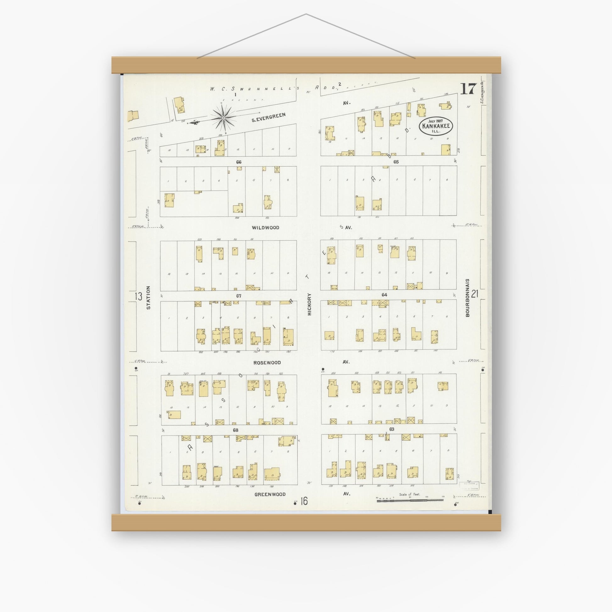 Old map wall art mockup — magnetic wood frame on white wall — Sanborn Fire Insurance Map from Kankakee, Kankakee County, Illinois (1907), Sheet #0017