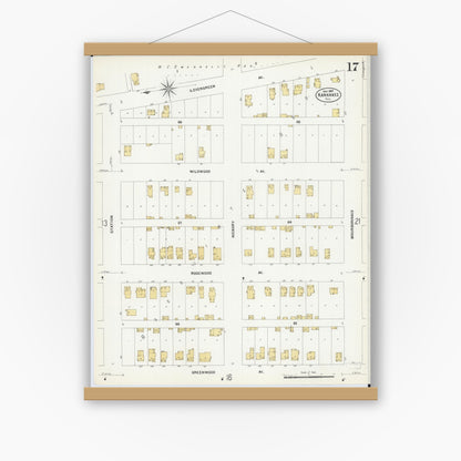 Old map wall art mockup — magnetic wood frame on white wall — Sanborn Fire Insurance Map from Kankakee, Kankakee County, Illinois (1907), Sheet #0017