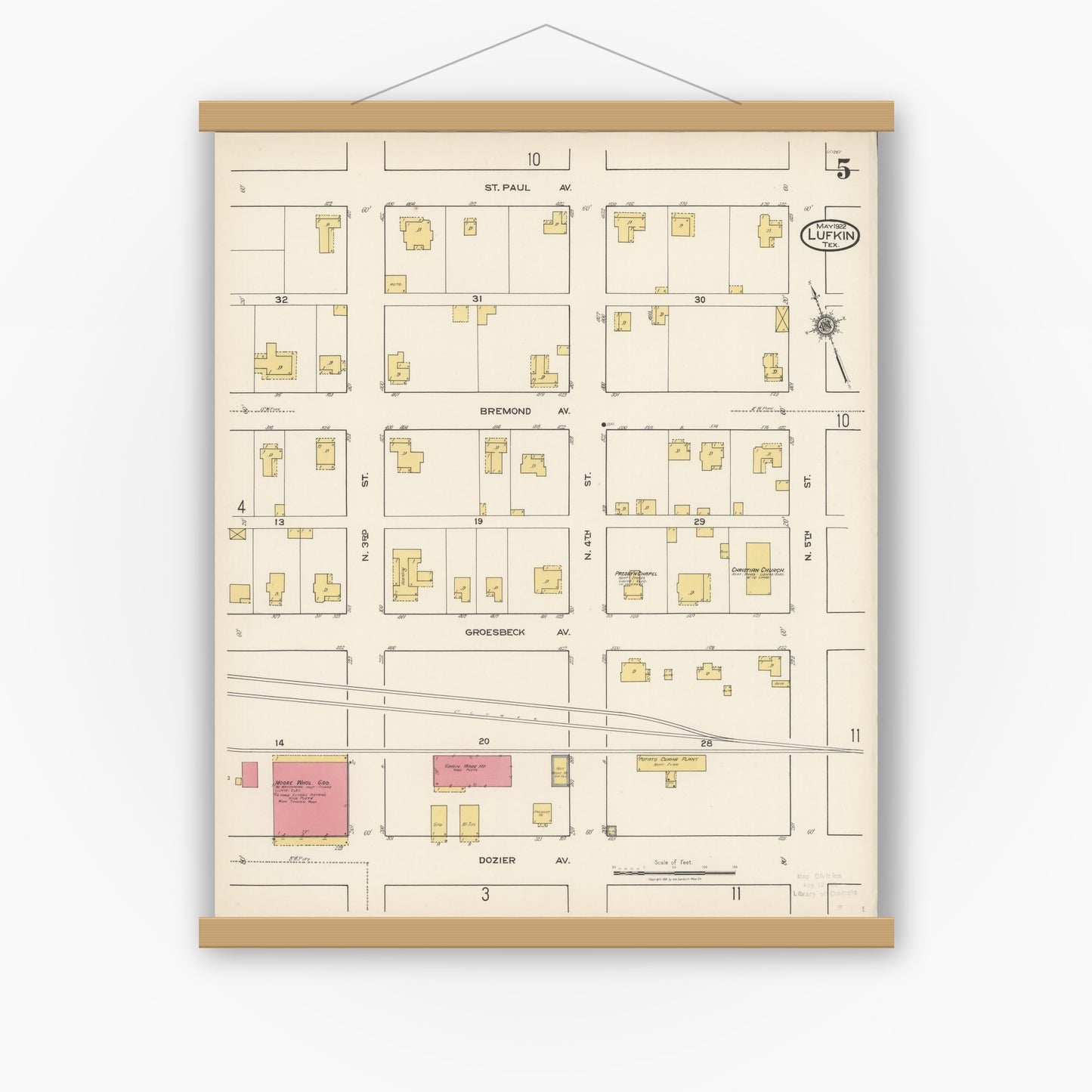 Old map wall art mockup — magnetic wood frame on white wall — Sanborn Fire Insurance Map from Lufkin, Angelina County, Texas (1922), Sheet #0005