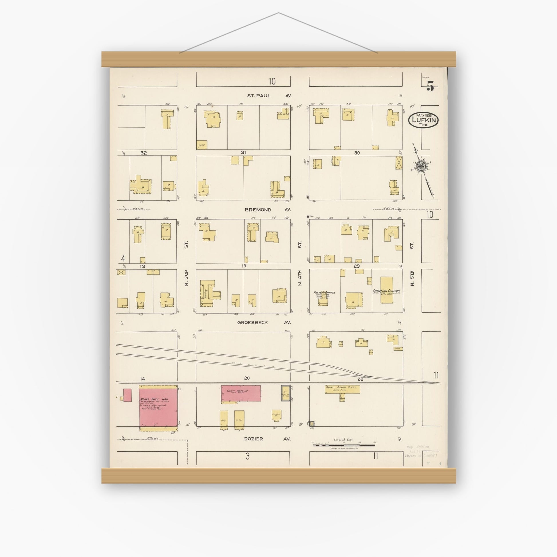 Old map wall art mockup — magnetic wood frame on white wall — Sanborn Fire Insurance Map from Lufkin, Angelina County, Texas (1922), Sheet #0005