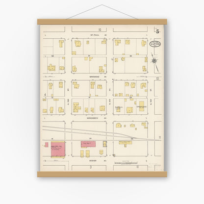 Old map wall art mockup — magnetic wood frame on white wall — Sanborn Fire Insurance Map from Lufkin, Angelina County, Texas (1922), Sheet #0005