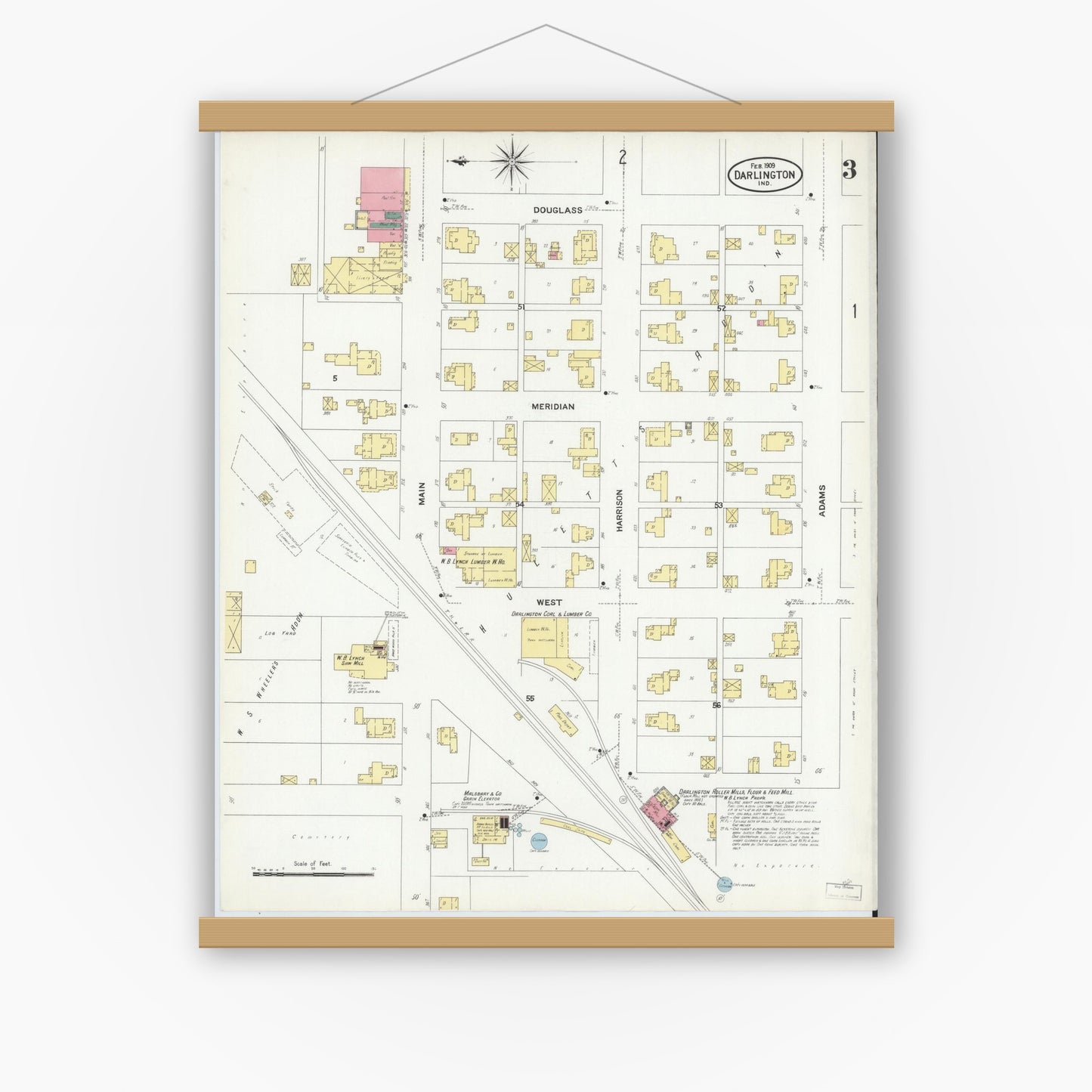 Old map wall art mockup — magnetic wood frame on white wall — Sanborn Fire Insurance Map from Darlington, Montgomery County, Indiana (1909), Sheet #0003