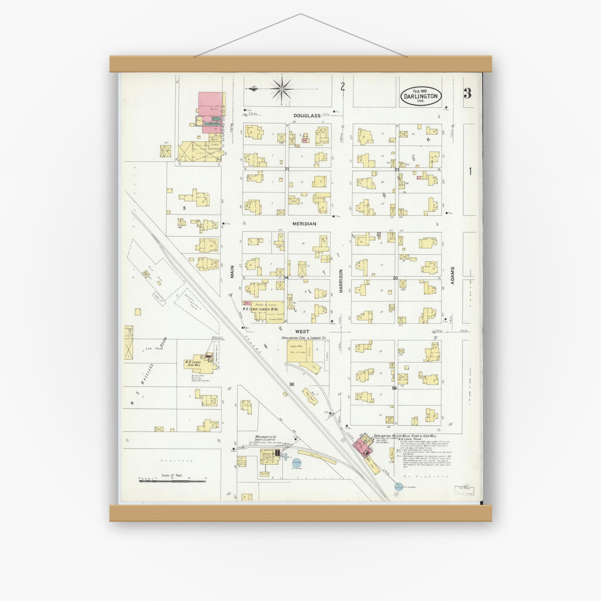 Old map wall art mockup — magnetic wood frame on white wall — Sanborn Fire Insurance Map from Darlington, Montgomery County, Indiana (1909), Sheet #0003