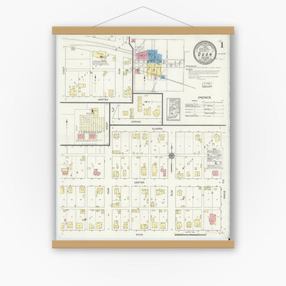 Old map wall art mockup — magnetic wood frame on white wall — Sanborn Fire Insurance Map from Odon, Daviess County, Indiana (1913) - Complete Map Set