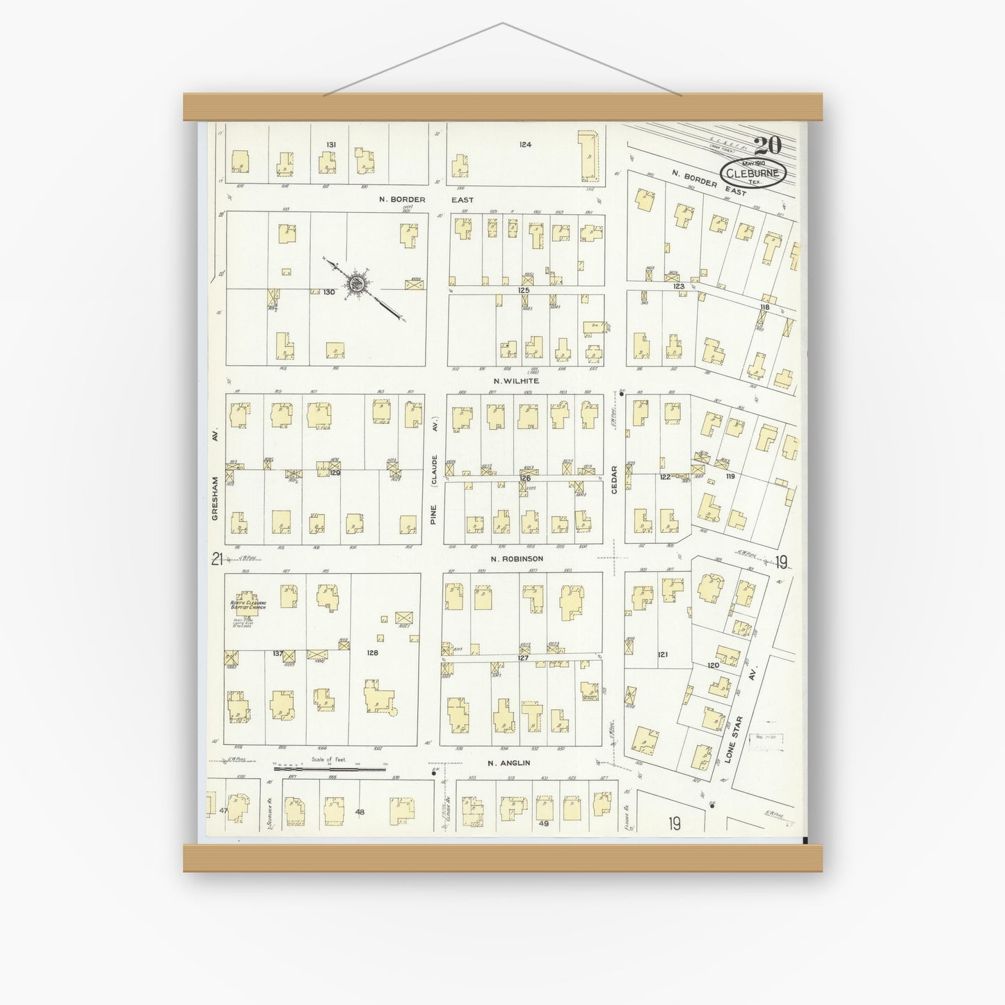 Old map wall art mockup — magnetic wood frame on white wall — Sanborn Fire Insurance Map from Cleburne, Johnson County, Texas (1910), Sheet #0020