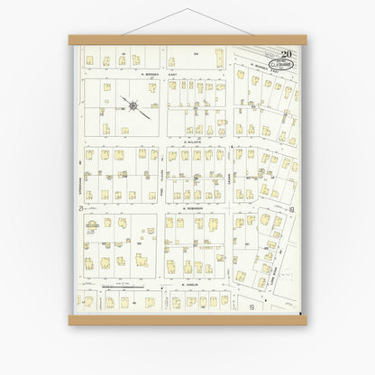 Old map wall art mockup — magnetic wood frame on white wall — Sanborn Fire Insurance Map from Cleburne, Johnson County, Texas (1910), Sheet #0020