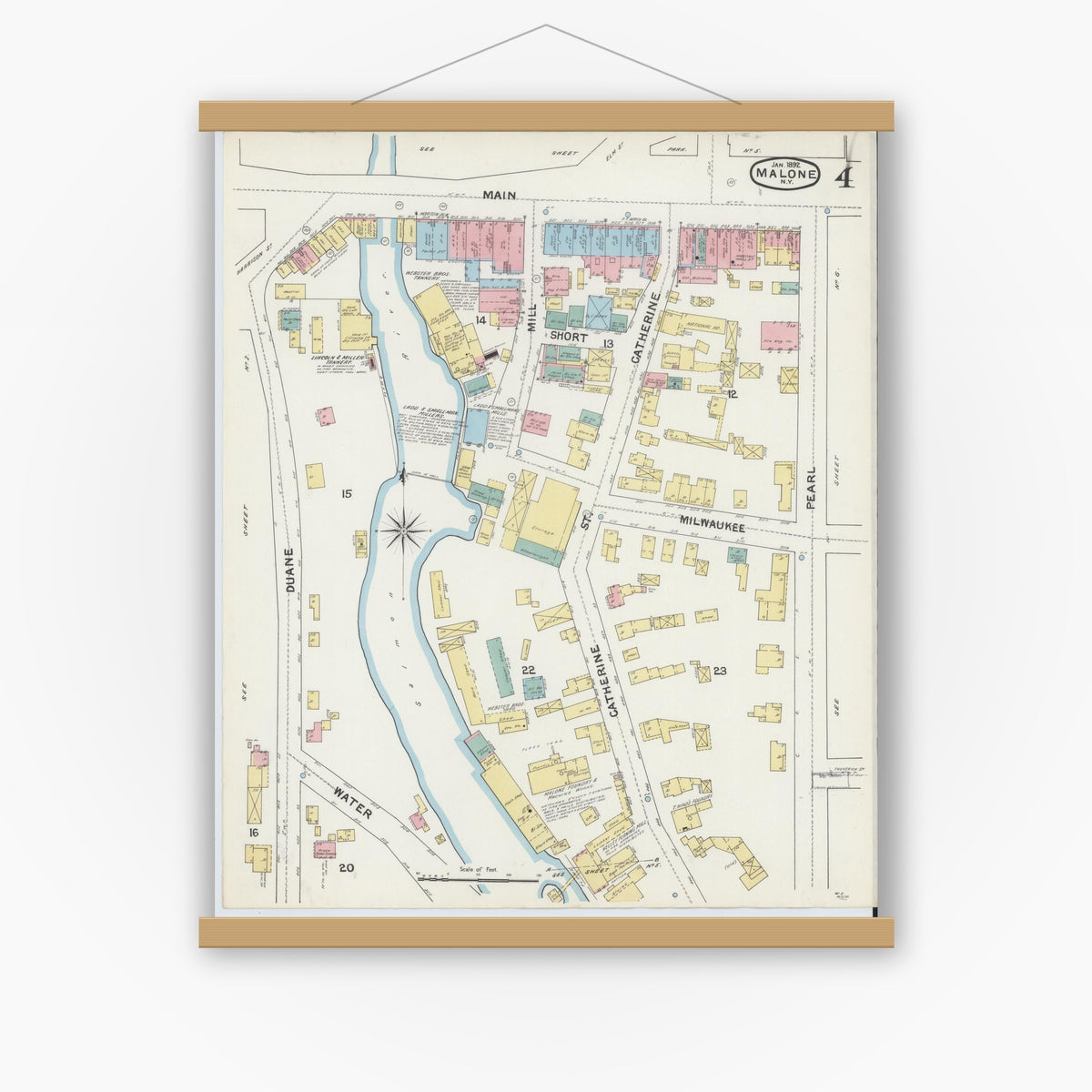 Old map wall art mockup — magnetic wood frame on white wall — Sanborn Fire Insurance Map from Malone, Franklin County, New York (1892), Sheet #0004